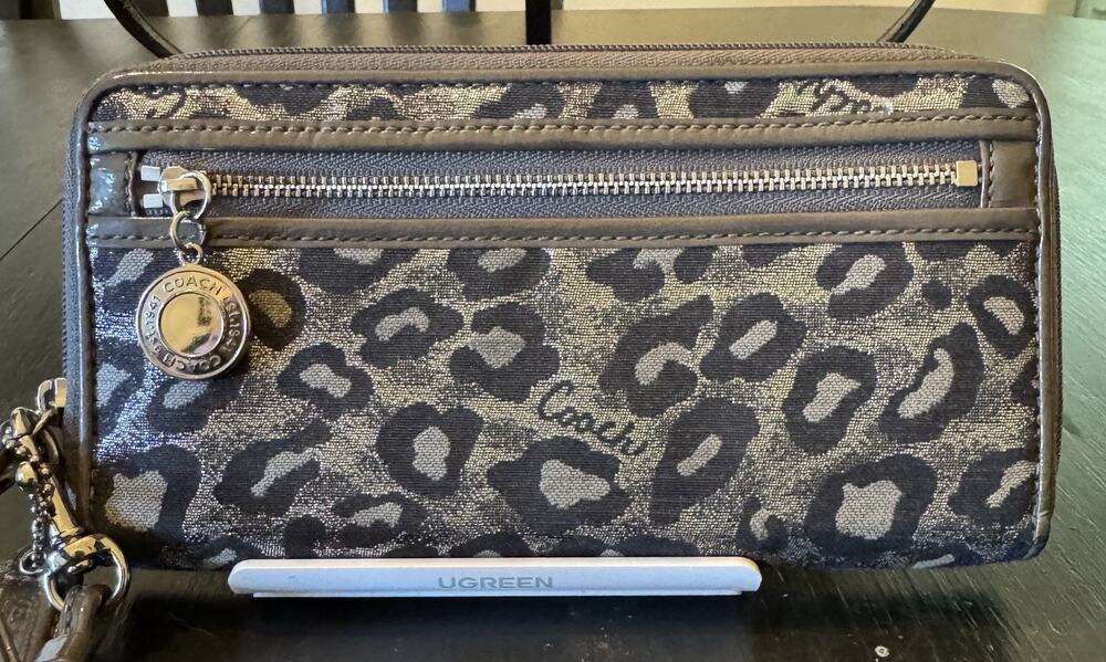 Coach Ashley Ocelot Lurex Double Zip Accordion Wallet Silver Black